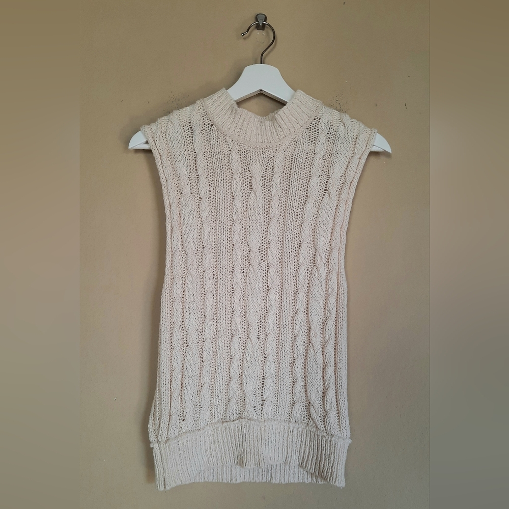 By Together Knitted Cotton Sweater Vest Cream Loose Weave Grandma Classic
